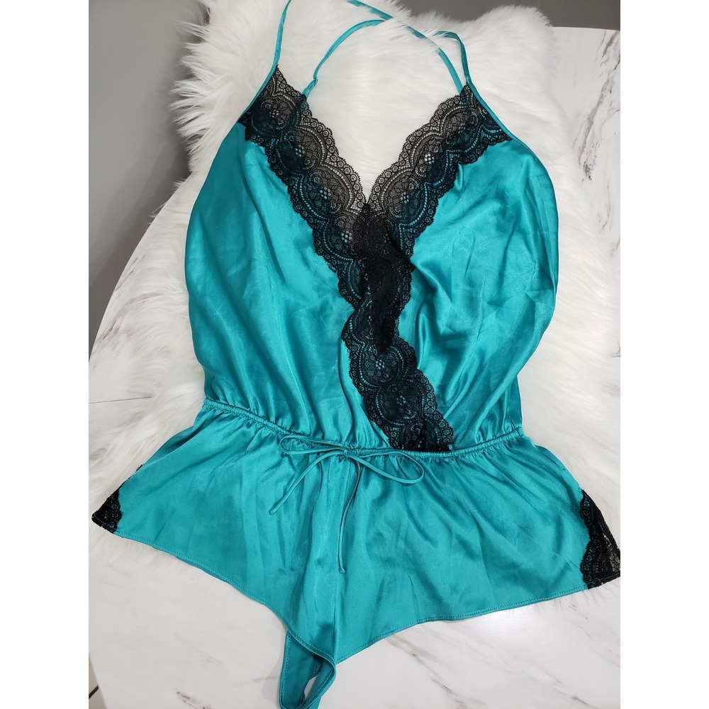 STUNNING! Vintage VICTORIA'S SECRET Lingerie Sexy Romper Teddy Teal Small Black